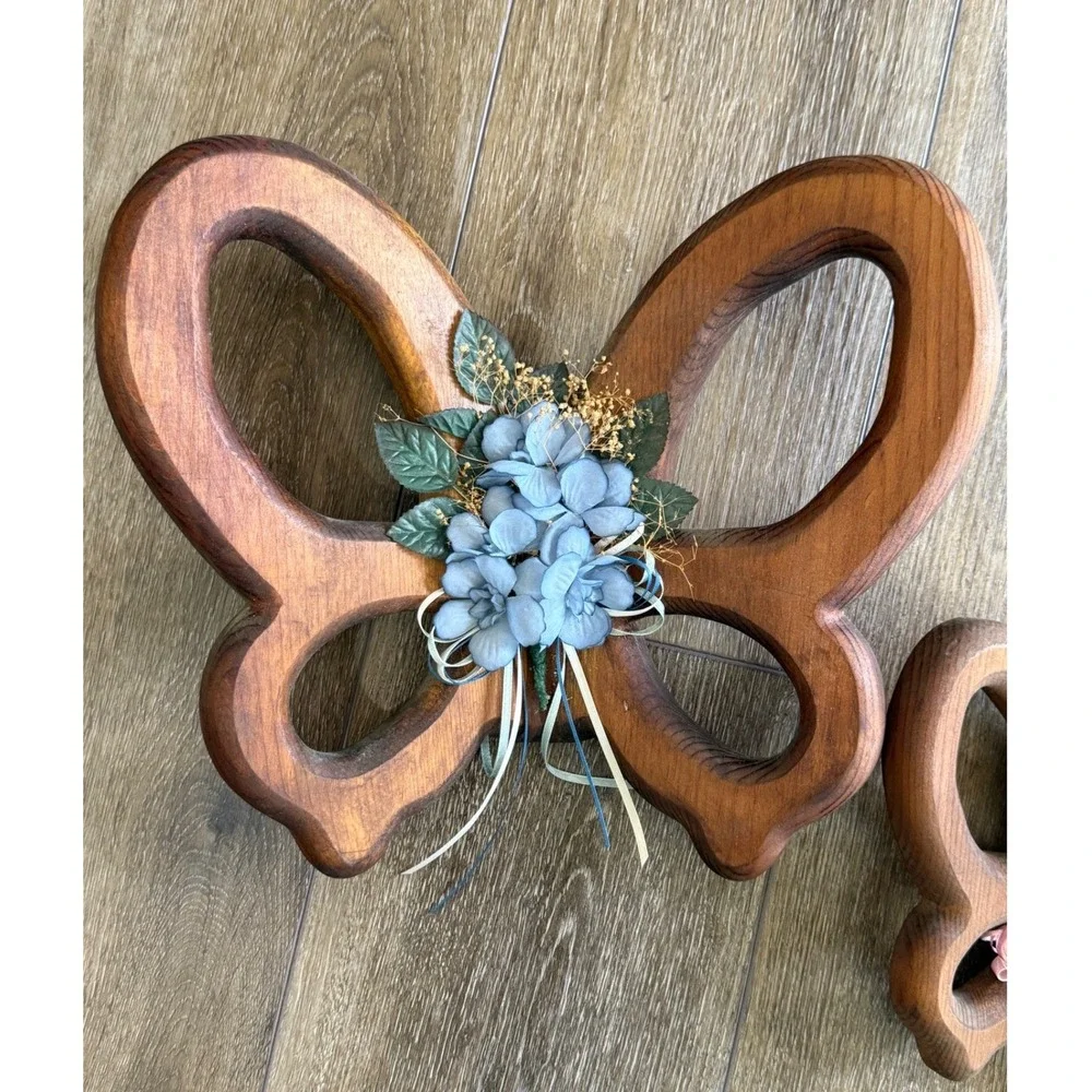 Wood Butterfly Wall Decor Set Carved Floral‎ Cottagecore Boho Hanging Art Pair